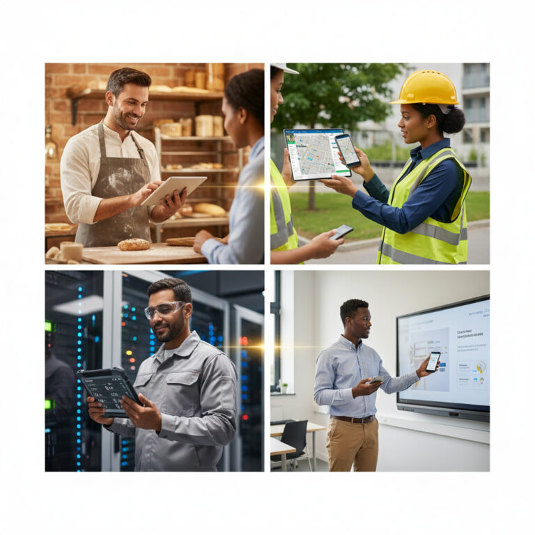 Collage de solutions mobiles professionnelles : un boulanger, une ingénieure de chantier, un technicien de data center et un présentateur, tous utilisant des tablettes et smartphones.