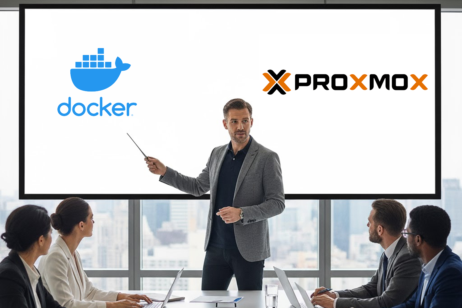 Un formateur explique les différences entre Docker et Proxmox à une équipe en réunion