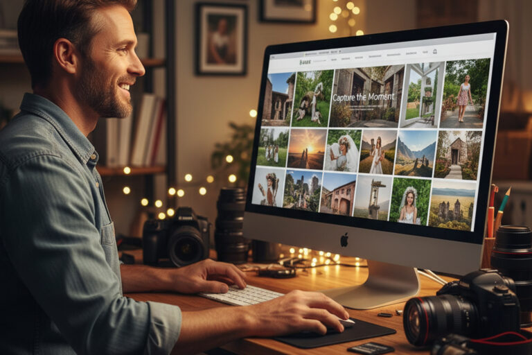 Un homme souriant assis à un bureau, travaillant sur un ordinateur affichant une galerie de photos, entouré de matériel photographique dans une pièce à l'ambiance tamisée.
