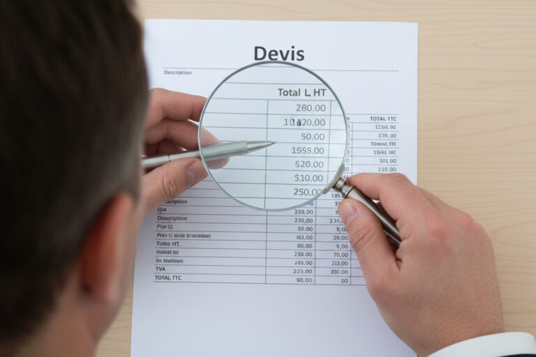Vue par-dessus l'épaule d'une personne tenant une loupe et un stylo pour inspecter en détail un devis financier sur un bureau.