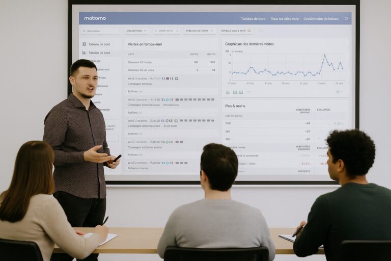 Formateur présentant un tableau de bord Matomo projeté devant des participants en formation.