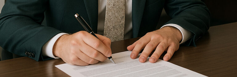 Un personne qui signe un contrat de prestation informatique