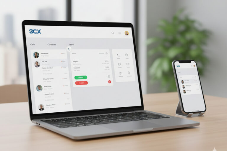 Un ordinateur portable et un smartphone sur un bureau affichant l'application de communication unifiée 3CX, illustrant la flexibilité du softphone et de l'application mobile.
