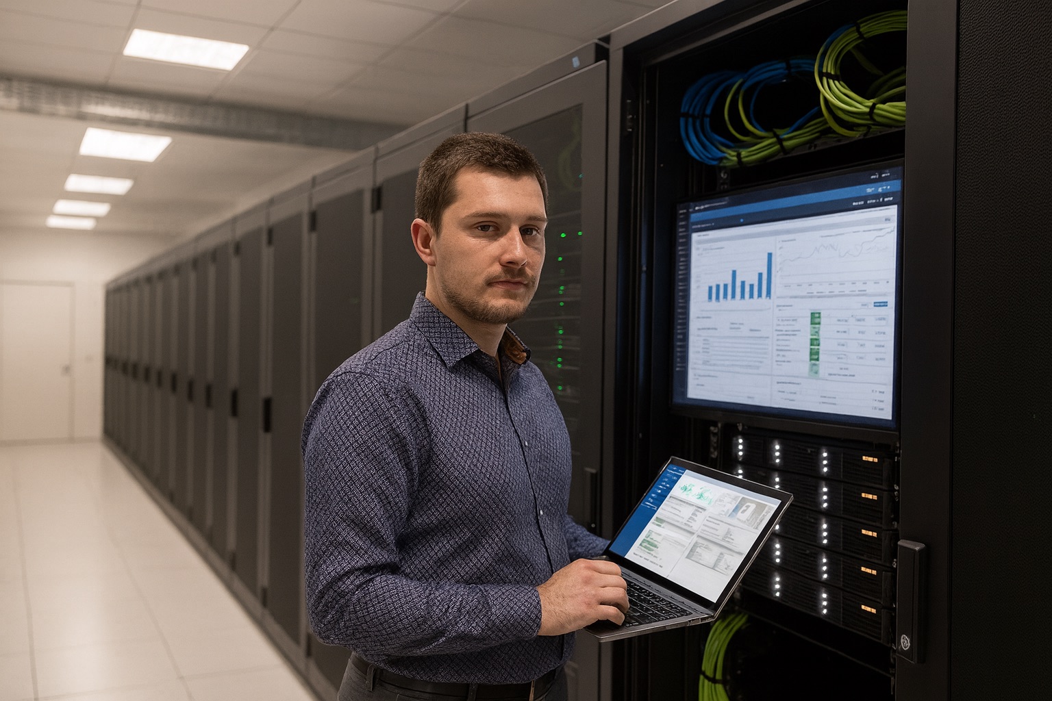 Un technicien CODNUM contrôle les performances d’une salle de serveurs via une tablette connectée.