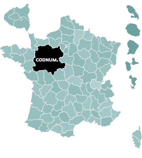 Carte de France mettant en évidence la zone d'intervention de Codnum, centrée sur la Sarthe et incluant les départements limitrophes (Mayenne, Maine-et-Loire, Orne, Indre-et-Loire, Eure-et-Loir).